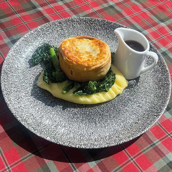 Steak and Haggis Pie with Mash Greens Gravy